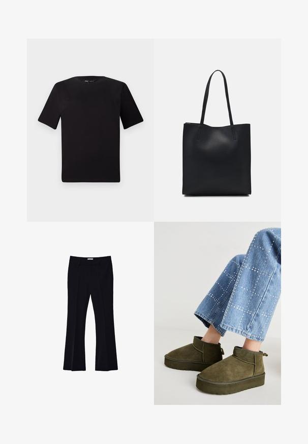 Sort kortærmet t-shirt med rund halsudskæring, lavet af blødt bomuldsstof. Enkel design, ingen synlige logoer eller mønstre.; Stradivarius TAILORED FLARED - Bukser - black; Oliven grøn ruskinds ankelstøvler med en tyk, struktureret sål og en pull tab. Kombineret med lyseblå, udsmykkede denim jeans.; Sort læder tote taske med glat tekstur, rektangulær form og to lange hanke. Ingen synlig hardware eller udsmykninger.
