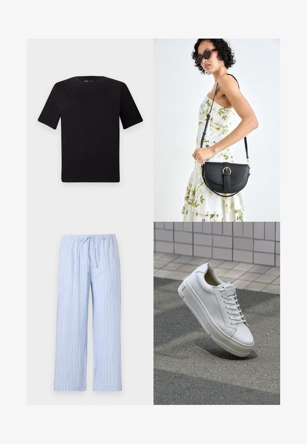 Black short-sleeve t-shirt with a round neckline, crafted from soft cotton fabric. Simple design, no visible logos or patterns.; Light blue pajama pants with white vertical stripes, made from soft fabric, featuring an elastic waistband and adjustable drawstring.; White leather sneaker with a low-top design, flat laces, rounded toe, and textured sides. Thick rubber sole with subtle accents.; Black leather handbag with a curved shape, detachable strap, and gold hardware. The bag features a flap with a buckle detail.