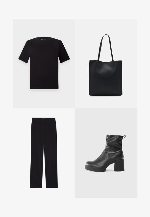 T-shirt preta de mangas curtas com decote redondo, feita de tecido de algodão suave. Design simples, sem logótipos ou padrões visíveis.; Calças de veludo cotelê pretas com corte reto, apresentando uma cintura lisa e sem bolsos visíveis, textura suave e detalhe de riscas verticais.; Botas de tornozelo pretas feitas de couro liso, com fecho lateral, salto grosso texturizado e design de bico arredondado.; Bolsa tote preta em couro com textura lisa, forma retangular e duas alças longas. Sem hardware ou enfeites visíveis.