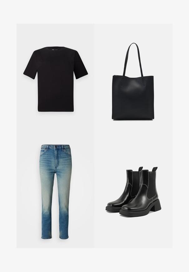 Črna majica s kratkimi rokavi in okroglim izrezom, izdelana iz mehkega bombažnega materiala. Preprost dizajn, brez vidnih logotipov ali vzorcev.; Svijetloplave traperice s ravnim krojem, sa srednjim strukom, klasičnim pet-džepnim dizajnom i blagim izblijeđenjem na nogama.; Črne usnjene Chelsea škornje s širokim petami, elastičnimi stranskimi ploščami in kontrastnim belim šivanjem. Teksturirana površina.; Črna usnjena torba s svilnato teksturo, pravokotne oblike in dvema dolgima ročajema. Brez vidnih metalnih delov ali okrasnih elementov.
