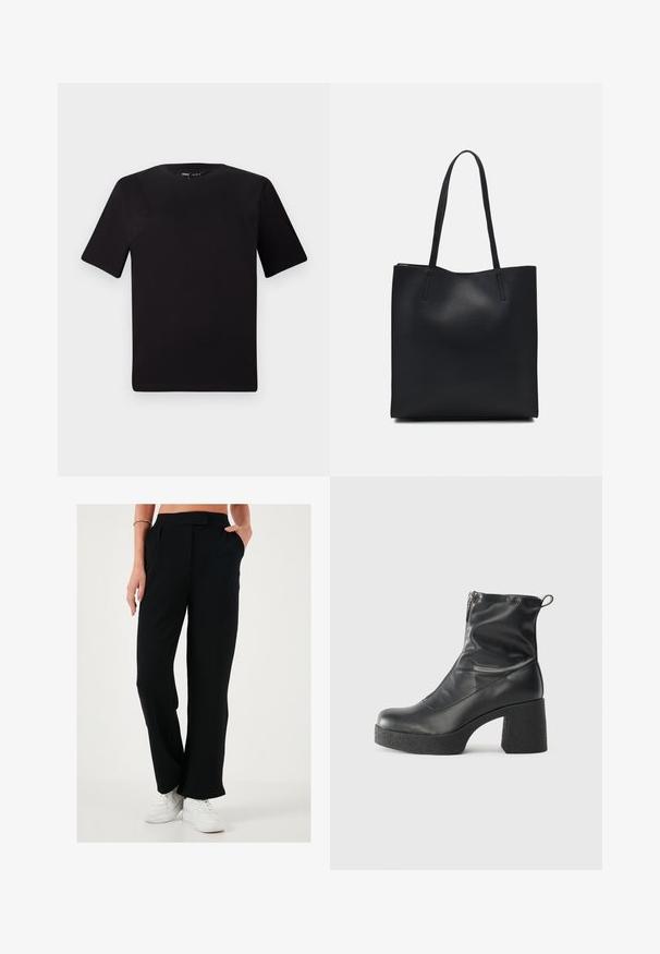 Schwarzes T-Shirt mit kurzen Ärmeln und Rundhalsausschnitt, aus weichem Baumwollmaterial gefertigt. Schlichtes Design, keine sichtbaren Logos oder Muster.; Schwarze, weit geschnittene Hosen mit glatter Textur, gefältelter Vorderseite und seitlichen Taschen. In Kombination mit weißen Sneakern für einen Kontrast.; Schwarze Stiefeletten aus glattem Leder mit seitlichem Reißverschluss, klobigem strukturiertem Absatz und runder Zehenform.; Schwarze Laptoptasche aus Leder mit glatter Textur, rechteckiger Form und zwei langen Griffen. Keine sichtbaren Beschläge oder Verzierungen.