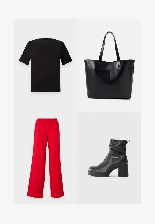 Black short-sleeve t-shirt with a round neckline, crafted from soft cotton fabric. Simple design, no visible logos or patterns.; Red wide-leg pants with an elastic waistband, made from a smooth, lightweight material. The design features no visible hardware or patterns.; Black ankle boots made of smooth leather, featuring a side zipper, chunky textured heel, and rounded toe design.; Black leather tote bag with two long handles, a smooth texture, and a structured shape. Features a front pocket for additional storage.