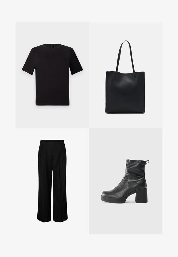 Musta lyhythihainen t-paita pyöreällä kaula-aukolla, valmistettu pehmeästä puuvillakankaasta. Yksinkertainen malli, ei näkyviä logoja tai kuvioita.; Mustat korkeat leveät housut, joissa on etupleaatit ja sivutaskut, suunniteltu muodolliseen tai liiketoimintakäyttöön.; Mustat nilkkurit, jotka on valmistettu sileästä nahasta. Niissä on sivuvetoketju, paksu teksturoitu korko ja pyöristetty kärki.; Mustapahkainen kangaskassi, jossa on sileä pinta, suorakaiteen muotoinen ja kaksi pitkää kahvaa. Ei näkyvää metalliosaa tai koristeita.