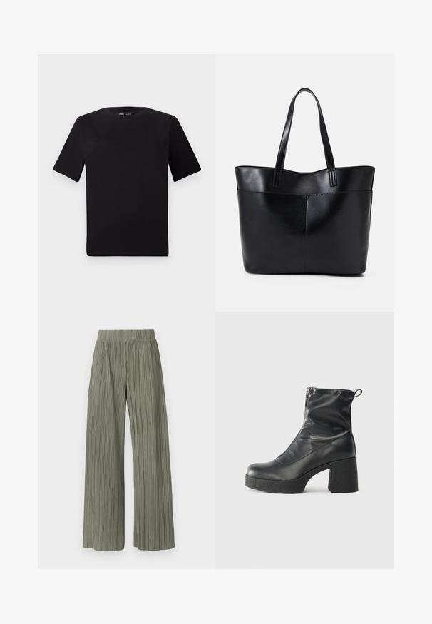 T-shirt noir à manches courtes avec un col rond, fabriqué en coton doux. Design simple, sans logos ni motifs visibles.; Pantalons larges plissés verts avec une taille élastique, présentant des plis verticaux et une texture douce. Le tissu a une apparence lisse et fluide.; Bottes noires à la cheville en cuir lisse, dotées d'une fermeture éclair sur le côté, d'un talon épais texturé et d'une conception à bout rond.; Sac fourre-tout en cuir noir avec deux longues poignées, une texture lisse et une forme structurée. Dispose d'une poche avant pour un rangement supplémentaire.