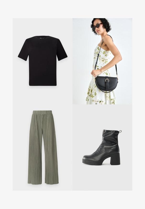 Fekete, rövid ujjú póló, kerek nyakkal, puha pamutból készült. Egyszerű dizájn, nincs látható logó vagy minta.; Zöld, plisszírozott, széles szárú nadrág rugalmas derékkal, függőleges redőkkel és puha tapintással. Az anyag sima, folyamatos megjelenésű.; Fekete bokacsizmák sima bőrből, oldalsó cipzárral, vastag, texturált sarkú és lekerekített orrú dizájnnal.; Fekete bőrtáska ívelt formával, levehető pánttal és arany színű fémrészekkel. A táskán egy csattal díszített fedél található.