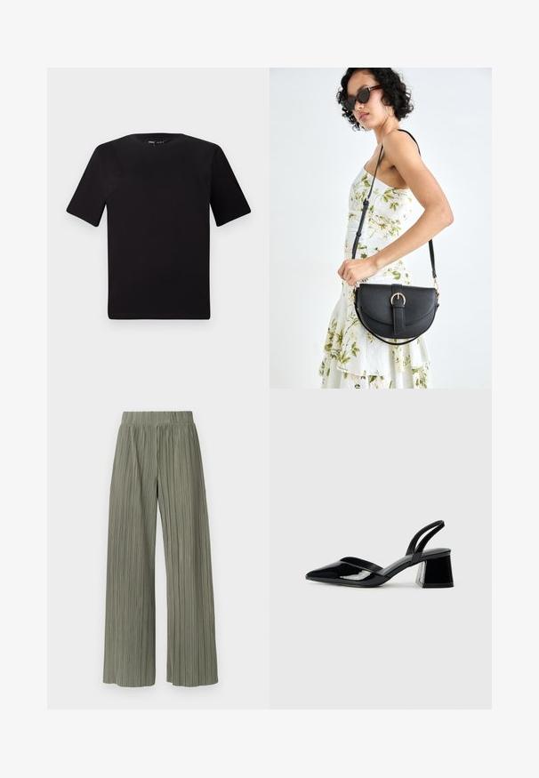 Crna majica kratkih rukava s okruglim izrezom, izrađena od mekane pamučne tkanine. Jednostavan dizajn, bez vidljivih logotipa ili uzoraka.; Zelene široke hlače s nabranim nogavicama i elastičnim pojasom, s vertikalnim naborima i mekanom teksturom. Tkanina ima glatki, lepršavi izgled.; Crne lakirane kožne sandale s otvorenom petom i špicastim vrhom, s geometrijskom blok petom. Imaju elegantan, minimalistički dizajn i glatku teksturu.; Crna kožna torba s lukovitim oblikom, odvojivim remenom i zlatnim detaljima. Torba ima preklop s kopčom.