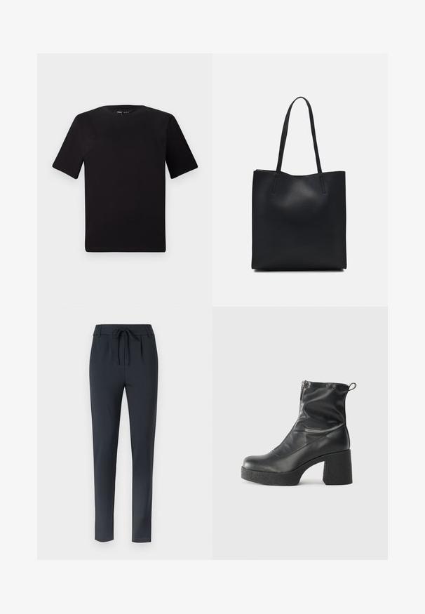 Black short-sleeve t-shirt with a round neckline, crafted from soft cotton fabric. Simple design, no visible logos or patterns.; Dark blue slim-fit trousers with a drawstring waist, made from a soft, stretchy fabric, featuring flat front and tapered leg design.; Black ankle boots made of smooth leather, featuring a side zipper, chunky textured heel, and rounded toe design.; Black leather tote bag with smooth texture, rectangular shape, and two long handles. No visible hardware or embellishments.