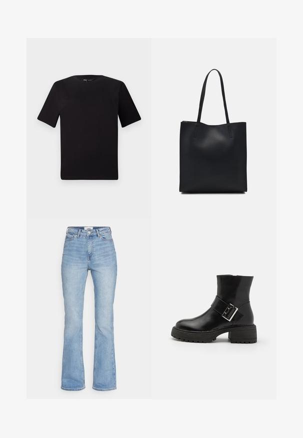 Črna majica s kratkimi rokavi in okroglim izrezom, izdelana iz mehkega bombažnega materiala. Preprost dizajn, brez vidnih logotipov ali vzorcev.; Svetlo modri flared jeans z visokim pasom, ki imajo klasičen pet-žepni dizajn in vidno šivanje na šivih.; Črne usnjene gležnjarje z blok peto, ki vključujejo dekorativno trak in podrobnosti s sponko, teksturirano podplato ter gladko površino.; Črna usnjena torba s svilnato teksturo, pravokotne oblike in dvema dolgima ročajema. Brez vidnih metalnih delov ali okrasnih elementov.