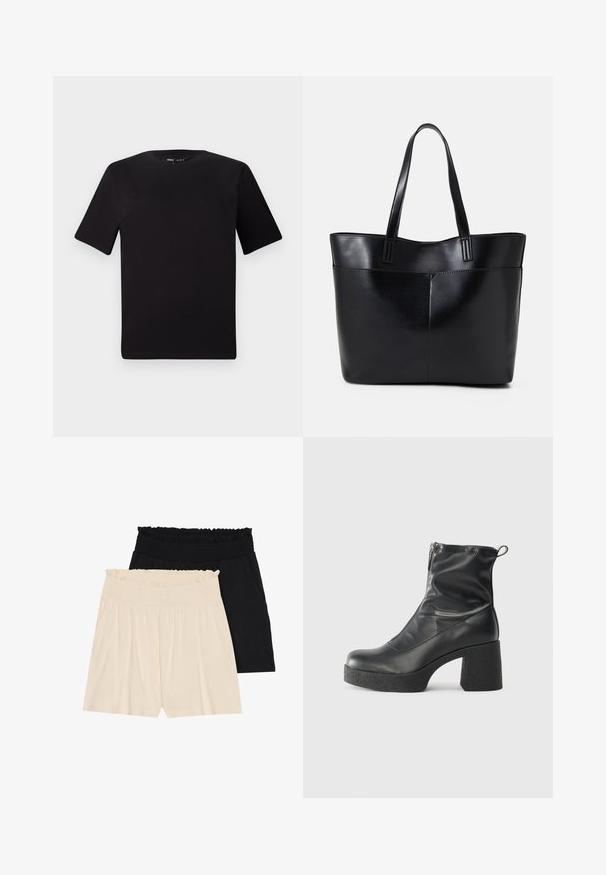 T-shirt preta de mangas curtas com decote redondo, feita de tecido de algodão suave. Design simples, sem logótipos ou padrões visíveis.; Duas pares de calções de corte relaxado: um em creme e outro em preto, ambos com cinturas elásticas franzidas e tecido leve e macio.; Botas de tornozelo pretas feitas de couro liso, com fecho lateral, salto grosso texturizado e design de bico arredondado.; Bolsa tote preta em couro com duas alças longas, textura suave e forma estruturada. Apresenta um bolso frontal para armazenamento adicional.