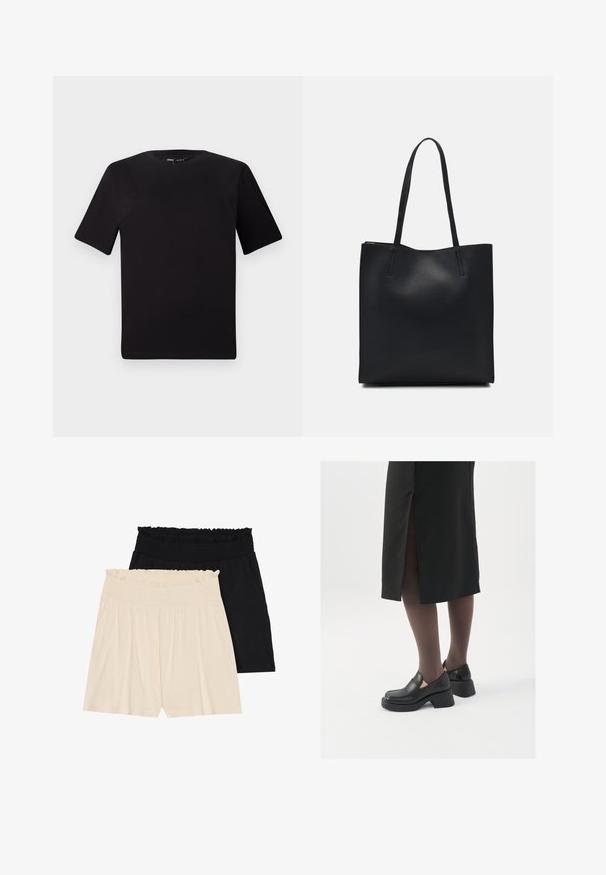 Svart t-skjorte med korte ermer og rund hals, laget av mykt bomullsstoff. Enkelt design, ingen synlige logoer eller mønstre.; To par av avslappede shorts: en kremfarget og en svart, begge med rynkete elastiske midjebånd og mykt, lett stoff.; Sorte lærersko med rund tå, tykk blokkheel og elastiske sideaksenter, sammen med mørke strømpebukser og et svart skjørt med splitt.; Svart lær tote bag med glatt tekstur, rektangulær form og to lange håndtak. Ingen synlige deler eller dekorasjoner.