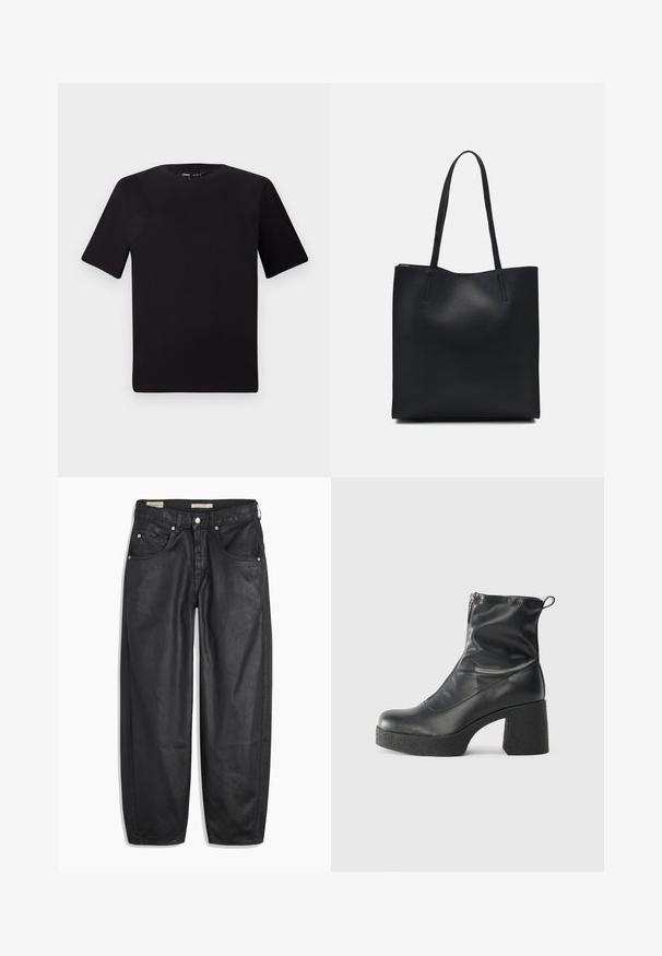 Camiseta negra de manga corta con cuello redondo, fabricada en suave algodón. Diseño simple, sin logos ni patrones visibles.; Vaqueros de mezclilla negros con un diseño de pierna ancha, que cuentan con bolsillos delanteros, un cierre de botón y una textura suave. La tela parece resistente.; Botines negros de tobillo, hechos de cuero suave, con cierre lateral, tacón grueso texturizado y diseño de punta redondeada.; Bolso tote de cuero negro con textura lisa, forma rectangular y dos asas largas. Sin herrajes ni adornos visibles.