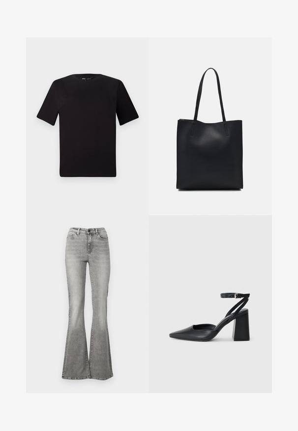 Black short-sleeve t-shirt with a round neckline, crafted from soft cotton fabric. Simple design, no visible logos or patterns.; Gray flared jeans made of denim, featuring a high waist, front pockets, and a fading effect. The hem is slightly wider, creating a flared shape.; Black leather pointy-toe pump with an ankle strap and a chunky heel. Flat texture, sleek design, and minimalistic aesthetics.; Black leather tote bag with smooth texture, rectangular shape, and two long handles. No visible hardware or embellishments.