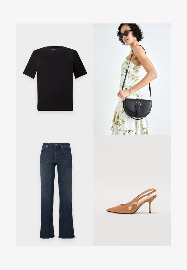 Zwarte T-shirt met korte mouwen en een ronde hals, gemaakt van zachte katoenstof. Eenvoudig ontwerp, geen zichtbare logo's of patronen.; Donkerblauwe denim jeans met een uitlopende pijpdesign, voorzien van vijf zakken en contrasterende stiksels. Glad textuur en standaard tailleband.; Puntige slingback hak in een glad, glanzend beige materiaal. Bevat een gebogen uitsnijdontwerp en een slanke stiletto hak. Zilveren gesp detail.; Zwarte leren handtas met een gebogen vorm, afneembare schouderband en gouden hardware. De tas heeft een klep met een gespsluiting.