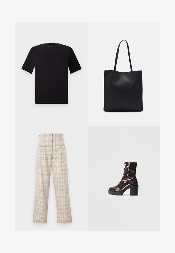 Black short-sleeve t-shirt with a round neckline, crafted from soft cotton fabric. Simple design, no visible logos or patterns.; Beige plaid trousers with wide legs, featuring a subtle check pattern in blue and brown. Made of lightweight fabric, with pleats at the waist.; Glossy burgundy ankle boot with a chunky black heel, featuring a smooth texture and simple design. No visible fastenings or patterns.; Black leather tote bag with smooth texture, rectangular shape, and two long handles. No visible hardware or embellishments.