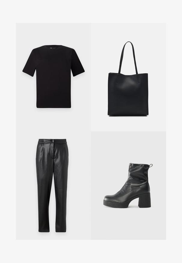 Czarna koszulka z krótkim rękawem o okrągłym dekolcie, wykonana z miękkiej bawełny. Prosty design, bez widocznych logo ani wzorów.; Czarne skórzane spodnie o gładkiej fakturze, prostym kroju, elastycznym pasie i zapięciu na guzik z przodu; z plisowanymi detalami i zwężanymi nogawkami.; Czarne botki za kostkę wykonane z gładkiej skóry, wyposażone w boczny zamek błyskawiczny, masywny teksturowany obcas oraz zaokrąglony czubek.; Czarna skórzana torba tote o gładkiej fakturze, prostokątnym kształcie i dwóch długich uchwytach. Brak widocznych elementów metalowych i ozdób.