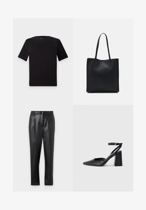 Must olema lühikeste varrukatega must t-särk ümmarguse kaelusega, valmistatud pehmest puuvillast kangast. Lihtne disain, ilma nähtavate logode või mustriteta.; Mustad nahkpüksid, millel on sile tekstuur, sirge lõige, elastne vöökoht ja esine nupuga sulgemine; volditud detailid ja kitsenevad sääred.; Mustmustest must-käigukingad, millel on konksuga nöör ja paks konts. Ühtlane tekstuur, stiilne disain ja minimalistlik esteetika.; Mustast nahast kott sujuva tekstuuriga, ristkülikukujuline ja kahe pika sangaga. Pole nähtavat riistvara ega kaunistusi.