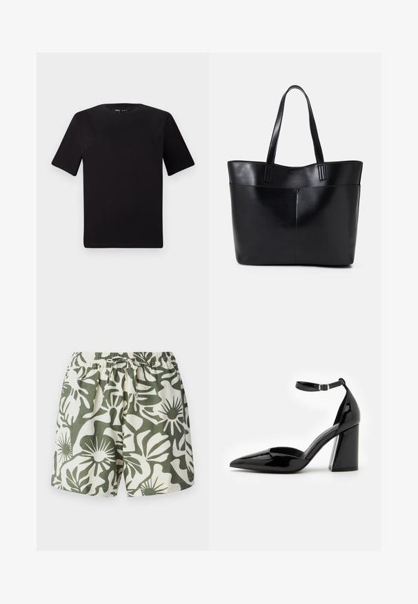 Melnas īsām piedurknēm T-krekls ar apaļu kakla izgriezumu, izgatavots no mīksta kokvilnas auduma. Vienkāršs dizains, bez redzamām logo vai rakstiem.; Zaļi un krēmkrāsas ziedu raksta šorti ar elastīgu jostasvietu un savilcēju, izgatavoti no viegla auduma. Ikdienas dizains, brīvs piegriezums.; Melna lakota ādas augstpapēžu kurpe ar norādītu pirkstu, potītes siksniņu un platu bloku papēdi stabilitātei, ar gludu spīdīgu tekstūru.; Melnas ādas iepirkumu soma ar divām garām rokturām, gludu tekstūru un strukturētu formu. Iekļauj priekšējo kabatu papildu uzglabāšanai.