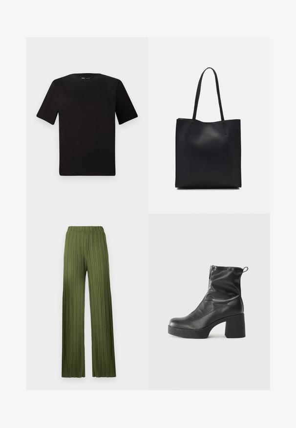 Must olema lühikeste varrukatega must t-särk ümmarguse kaelusega, valmistatud pehmest puuvillast kangast. Lihtne disain, ilma nähtavate logode või mustriteta.; Rohelised, volditud laiad püksid elastse vöökohtaga. Tekstuuritud kangas koosneb vertikaalsetest triipudest, mis loovad voolava välimuse.; Mustad mustad ansapüksid, mis on valmistatud siledast nahast, külje zipperiga, paksu tekstuuriga kontsaga ja ümmarguse nina disainiga.; Mustast nahast kott sujuva tekstuuriga, ristkülikukujuline ja kahe pika sangaga. Pole nähtavat riistvara ega kaunistusi.