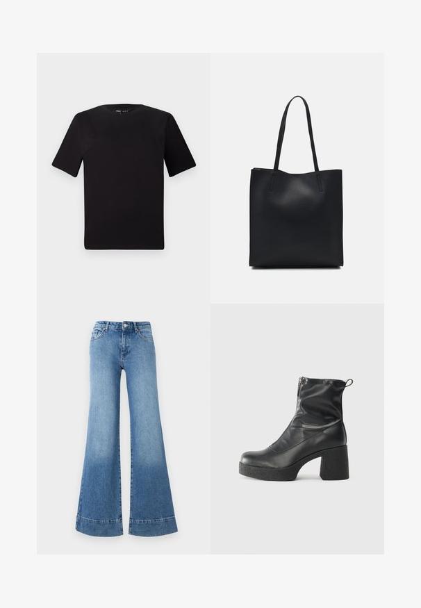 Tricou scurt negru cu mânecă scurtă și guler rotund, realizat dintr-un material de bumbac moale. Design simplu, fără logo-uri sau modele vizibile.; Jeans din denim bleumarin deschis, evazati, cu talie înaltă, picioare late și o ușoară decolorare. Au un design clasic cu cinci buzunare și închidere cu buton metalic.; Bocanci negri de glezna din piele netedă, cu fermoar lateral, toc texturat și masiv, și design cu vârf rotund.; Geantă tote neagră din piele, cu textură netedă, formă rectangulară și două mânere lungi. Fără hardware vizibil sau ornamente.