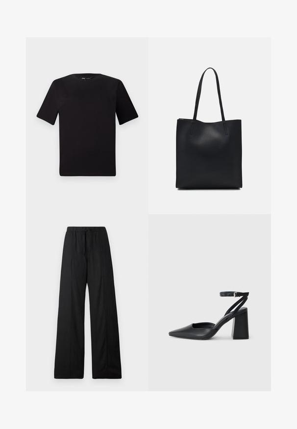 Must olema lühikeste varrukatega must t-särk ümmarguse kaelusega, valmistatud pehmest puuvillast kangast. Lihtne disain, ilma nähtavate logode või mustriteta.; Mustad mustad püksid, mis on valmistatud kerge kangaga. Omab elastset vööd koos nööriga. Puhtad, minimalistlikud jooned, ilma mustriteta.; Mustmustest must-käigukingad, millel on konksuga nöör ja paks konts. Ühtlane tekstuur, stiilne disain ja minimalistlik esteetika.; Mustast nahast kott sujuva tekstuuriga, ristkülikukujuline ja kahe pika sangaga. Pole nähtavat riistvara ega kaunistusi.