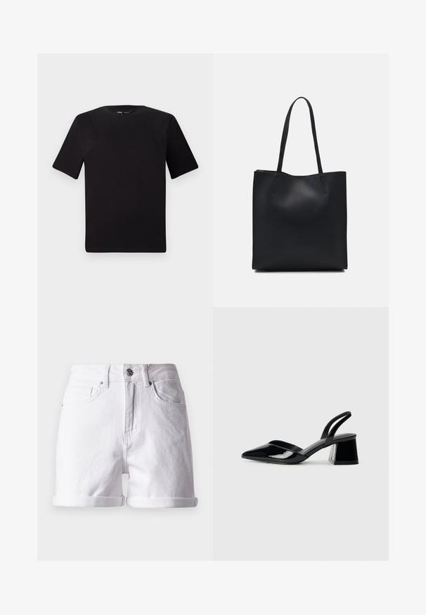 Zwarte T-shirt met korte mouwen en een ronde hals, gemaakt van zachte katoenstof. Eenvoudig ontwerp, geen zichtbare logo's of patronen.; Witte denim shorts met een klassieke snit, voorzien van opgerolde randen, twee voorzakken en een sluiting met een knoop aan de voorkant. Soepele textuur.; Zwarte gepatineerde leren slingback hakken met een spitse neus en een geometrische blokhak. Kenmerkt zich door een slank, minimalistisch ontwerp en een gladde textuur.; Zwarte leren handtas met een gladde textuur, rechthoekige vorm en twee lange handvaten. Geen zichtbare hardware of versieringen.