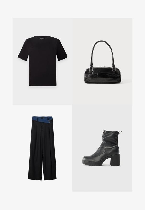 Fekete, rövid ujjú póló, kerek nyakkal, puha pamutból készült. Egyszerű dizájn, nincs látható logó vagy minta.; Fekete, bő szárú nadrág függőleges csíkokkal és kontrasztos kék farmer derékkal, amelyen két gomb található. Puha szövet textúra.; Fekete bokacsizmák sima bőrből, oldalsó cipzárral, vastag, texturált sarkú és lekerekített orrú dizájnnal.; Fekete bőr kézitáska téglalap alakú, egyetlen merev fogantyúval, ezüst színű fémalkatrészekkel és cipzáras záródással rendelkezik. Simaság jellemzi.