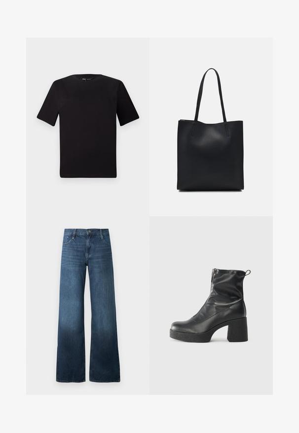 Tricou scurt negru cu mânecă scurtă și guler rotund, realizat dintr-un material de bumbac moale. Design simplu, fără logo-uri sau modele vizibile.; Jeans negri închis, cu picioare largi, din denim, având talie înaltă, design cu cinci buzunare și o ușoară decolorare la tiv. Închidere standard cu nasture.; Bocanci negri de glezna din piele netedă, cu fermoar lateral, toc texturat și masiv, și design cu vârf rotund.; Geantă tote neagră din piele, cu textură netedă, formă rectangulară și două mânere lungi. Fără hardware vizibil sau ornamente.