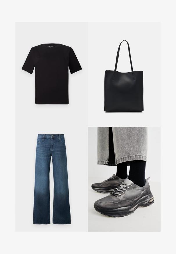 Black short-sleeve t-shirt with a round neckline, crafted from soft cotton fabric. Simple design, no visible logos or patterns.; Dark blue wide-leg jeans made from denim, featuring a high waist, five-pocket design, and subtle fading at the hem. Standard button closure.; Black and gray athletic shoes feature a mesh upper, thick soles, and laces. They have a rounded toe and visible cushioning detail.; Black leather tote bag with smooth texture, rectangular shape, and two long handles. No visible hardware or embellishments.