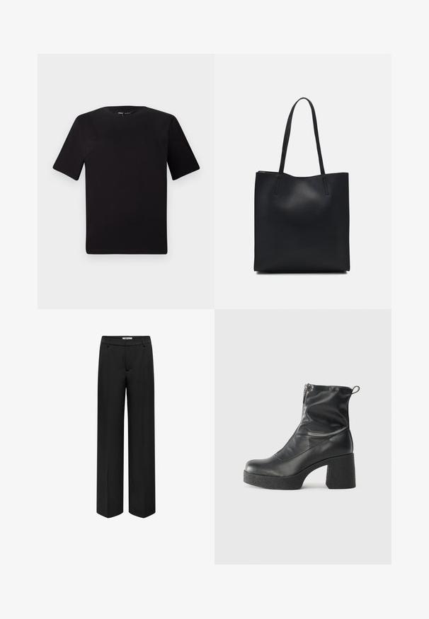 Melnas īsām piedurknēm T-krekls ar apaļu kakla izgriezumu, izgatavots no mīksta kokvilnas auduma. Vienkāršs dizains, bez redzamām logo vai rakstiem.; ONLY BERRY HW WIDE TLR - Auduma bikses - black; Melni potītes zābaki, kas izgatavoti no gludas ādas, ar sānu rāvējslēdzēju, masīvu strukturētu papēdi un noapaļotu purngalu.; Melnas ādas somiņa ar gludu tekstūru, taisnstūra formu un divām garām rokturiem. Nav redzamu aparatūras vai rotājumu.