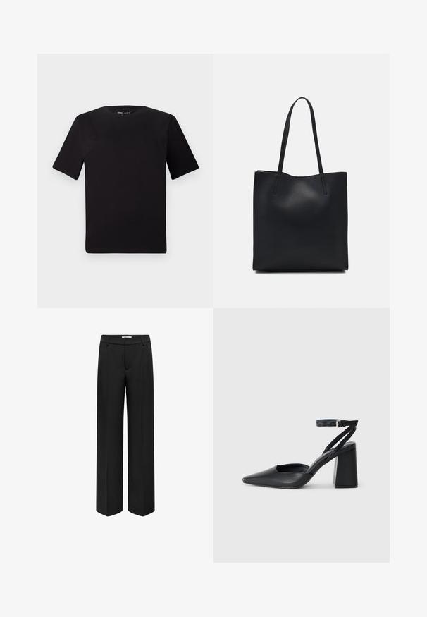 Zwarte T-shirt met korte mouwen en een ronde hals, gemaakt van zachte katoenstof. Eenvoudig ontwerp, geen zichtbare logo's of patronen.; ONLY BERRY HW WIDE TLR - Broek - black; Zwarte leren puntige pump met een enkelbandje en een chunky hak. Vlakke textuur, strakke vormgeving en minimalistische esthetiek.; Zwarte leren handtas met een gladde textuur, rechthoekige vorm en twee lange handvaten. Geen zichtbare hardware of versieringen.