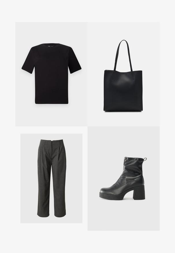 Svart kortärmad t-shirt med rund halsringning, tillverkad i mjukt bomullstyg. Enkelt mönster, utan synliga logotyper eller mönster.; Grå randiga byxor med skräddarsydd passform, veckad front och avskuren nederkant. Tillverkade av vävt tyg med en slät textur.; Svarta ankelstövlar i slitstark läder, med sidodragkedja, kraftig strukturerad klack och rundad tådesign.; Svart lädertoffelväska med slät textur, rektangulär form och två långa handtag. Ingen synlig hårdvara eller dekorationer.