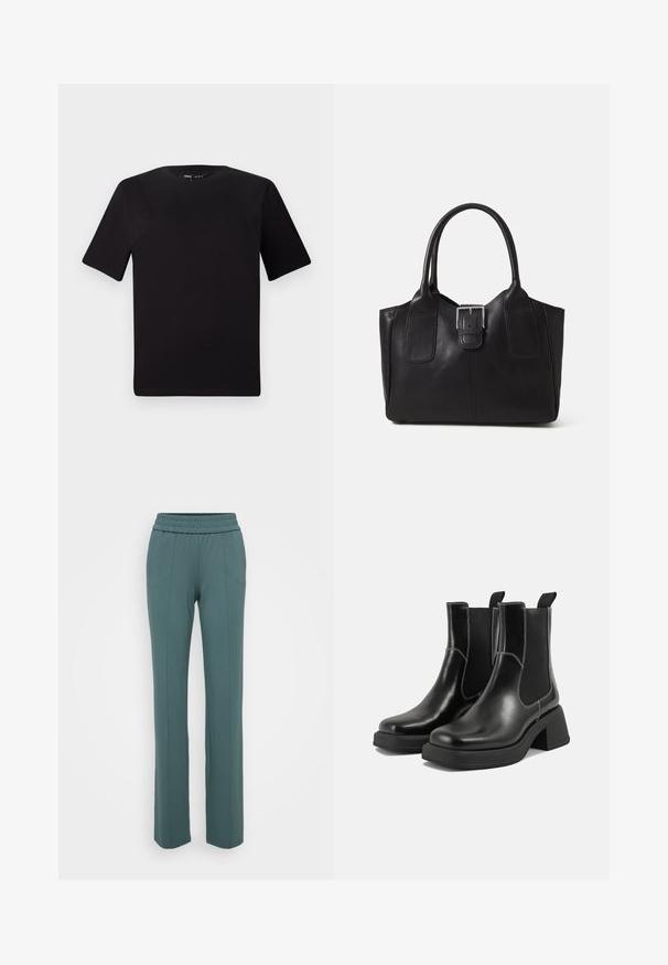 Black short-sleeve t-shirt with a round neckline, crafted from soft cotton fabric. Simple design, no visible logos or patterns.; Teal, elastic waistband pants with a straight leg design, featuring vertical seams along the front and a smooth, soft fabric texture.; Black leather Chelsea boots with a chunky heel, elastic side panels, and contrasting white stitching. Textured finish.; Black leather tote bag with smooth texture, structured shape, two handles, and a prominent silver buckle detail on the front.