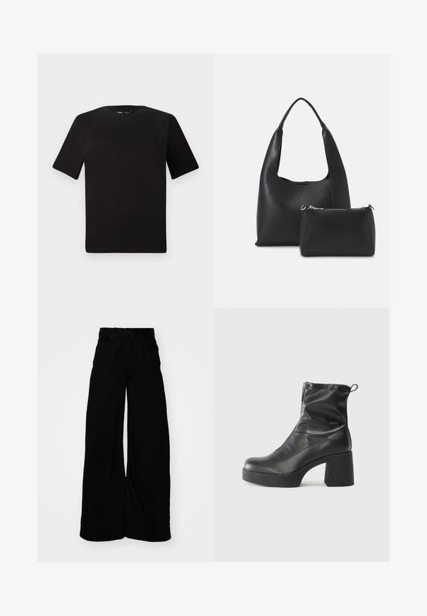 Crna majica kratkih rukava s okruglim izrezom, izrađena od mekane pamučne tkanine. Jednostavan dizajn, bez vidljivih logotipa ili uzoraka.; Široke crne traperice s visokim strukom, s petljama za remen, pet džepova i čistim, teksturiranim završetkom.; Crne gležnjače od glatke kože, s bočnim zatvaračem, debelim teksturiranim potplatom i dizajnom s zaobljenim prstima.; Even&Odd Ručna torba - black