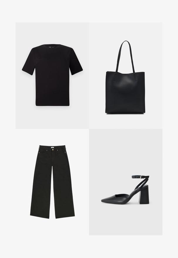 Musta lyhythihainen t-paita pyöreällä kaula-aukolla, valmistettu pehmeästä puuvillakankaasta. Yksinkertainen malli, ei näkyviä logoja tai kuvioita.; Mustat leveälahkeiset farkut, jotka on valmistettu denimistä. Niissä on korkea vyötärö, etutaskut ja erottuva kultasävyinen metalliosuus. Siisti, suora malli.; Mustat nahkakengät, joissa on kapea kärki, nilkkaremmi ja paksu korko. Tasainen pinta, tyylikäs muotoilu ja minimalistinen estetiikka.; Mustapahkainen kangaskassi, jossa on sileä pinta, suorakaiteen muotoinen ja kaksi pitkää kahvaa. Ei näkyvää metalliosaa tai koristeita.