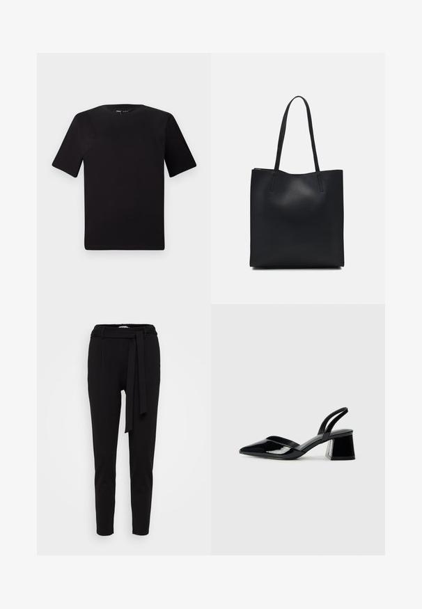 Černé tričko s krátkým rukávem a kulatým výstřihem, vyrobené z měkké bavlněné látky. Jednoduchý design, žádné viditelné logo nebo vzory.; Černé zúžené kalhoty vyrobené z měkké látky, s páskem z tkaniny a dvěma předními kapsami. Hladká textura a minimální design.; Černé lakované kožené lodičky na pásku s špičatou špičkou a geometrickým blokovým podpatkem. Vyznačují se elegantním, minimalistickým designem a hladkým povrchem.; Černá kožená taška přes rameno s hladkým povrchem, obdélníkovým tvarem a dvěma dlouhými uchy. Žádné viditelné kování ani ozdoby.
