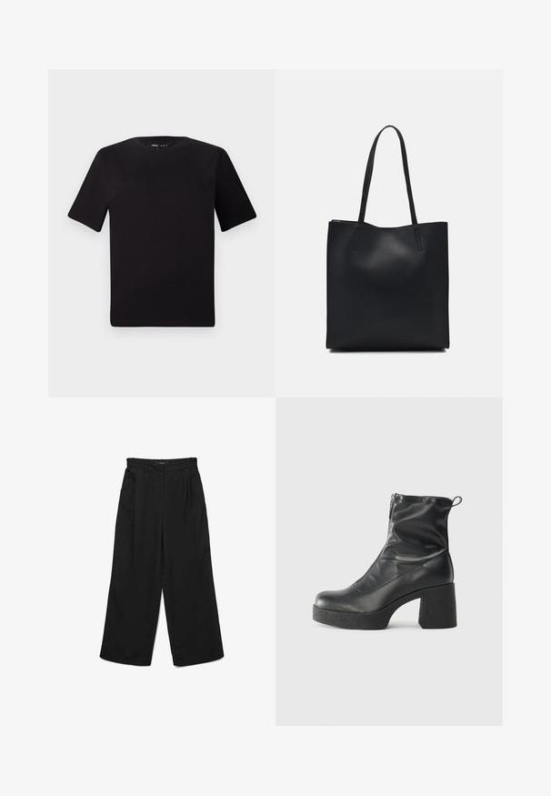 T-shirt preta de mangas curtas com decote redondo, feita de tecido de algodão suave. Design simples, sem logótipos ou padrões visíveis.; Calças pretas de perna larga com frente lisa, duas pregas e bolsos laterais. Feitas de tecido macio com cintura estruturada.; Botas de tornozelo pretas feitas de couro liso, com fecho lateral, salto grosso texturizado e design de bico arredondado.; Bolsa tote preta em couro com textura lisa, forma retangular e duas alças longas. Sem hardware ou enfeites visíveis.