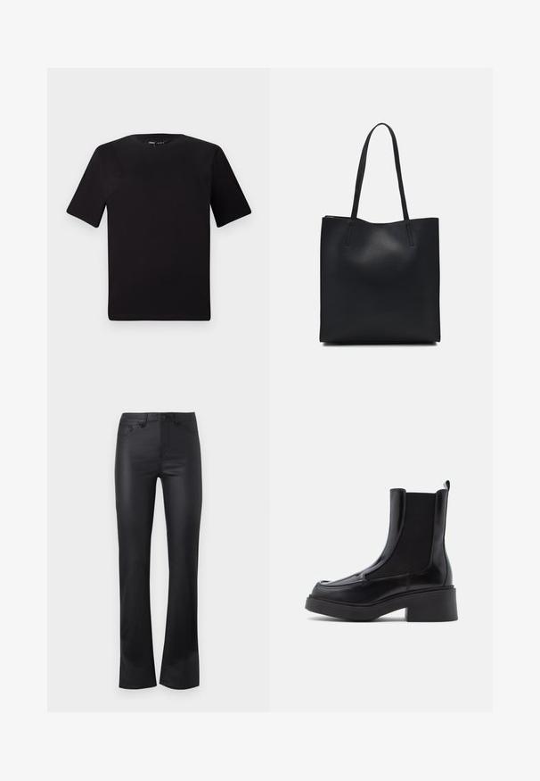 T-shirt preta de mangas curtas com decote redondo, feita de tecido de algodão suave. Design simples, sem logótipos ou padrões visíveis.; Jeans pretos boca de sino feitos de tecido suave, com fecho frontal por botão, cinco bolsos e detalhes de costura discretos.; Botas Chelsea pretas com um salto robusto, apresentando um cabedal de pele brilhante e painéis laterais elásticos para um calçar fácil. Sola de borracha sólida.; Bolsa tote preta em couro com textura lisa, forma retangular e duas alças longas. Sem hardware ou enfeites visíveis.