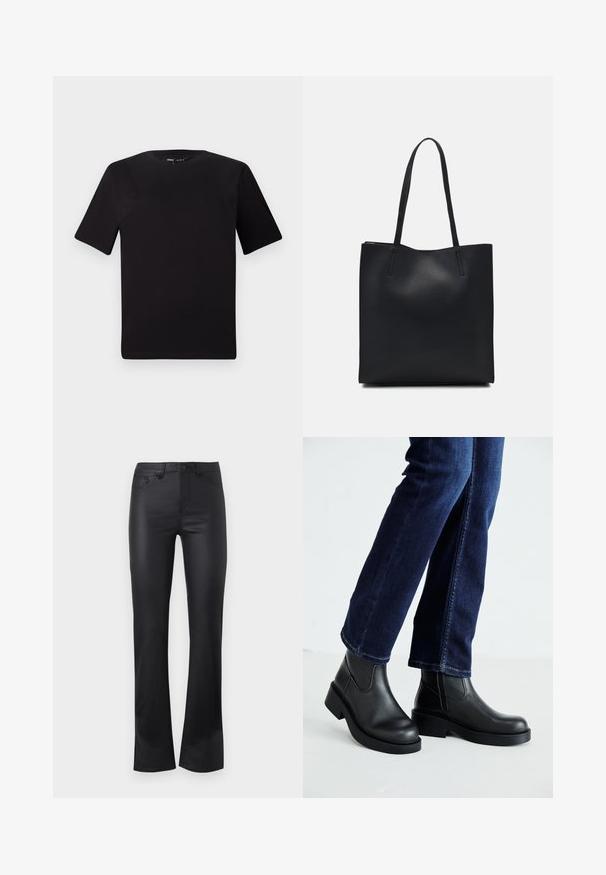 Melnas īsām piedurknēm T-krekls ar apaļu kakla izgriezumu, izgatavots no mīksta kokvilnas auduma. Vienkāršs dizains, bez redzamām logo vai rakstiem.; Melni izplūdušie džinsi, kas izgatavoti no gluda auduma, ar priekšējo pogu aizdari, piecām kabatām un smalkiem diegu šuvēm.; Melnas ādas potīšu zābaki ar masīvu zoli un sānu elastīgām daļām, kombinēti ar tumši ziliem džinsiem. Zeme ir gaišā krāsā.; Melnas ādas somiņa ar gludu tekstūru, taisnstūra formu un divām garām rokturiem. Nav redzamu aparatūras vai rotājumu.