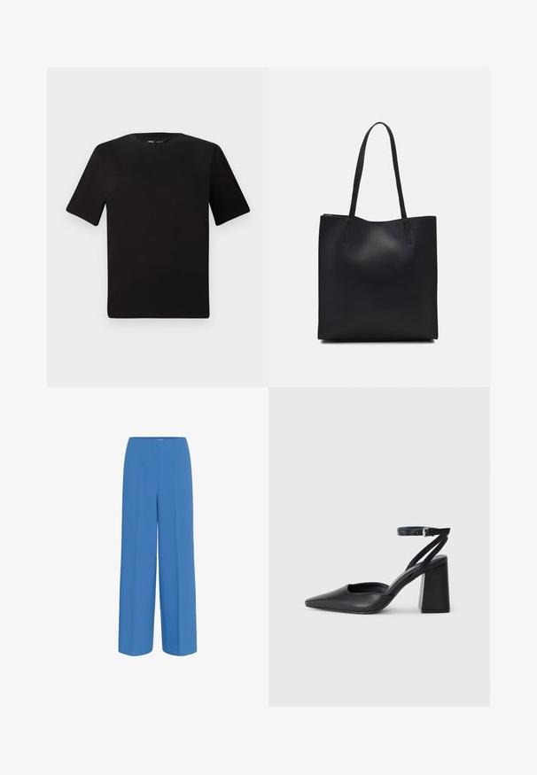 Fekete, rövid ujjú póló, kerek nyakkal, puha pamutból készült. Egyszerű dizájn, nincs látható logó vagy minta.; Sima anyagból készült kék, bő szárú nadrág, elülső pliszével és lapos derékkal, látható rögzítők nélkül.; Fekete bőr, hegyes orrú magassarkú cipő boka pánttal és vastag sarokkal. Sima textúra, elegáns dizájn és minimális esztétika.; Fekete bőrtáska sima felszínnel, téglalap alakú, két hosszú füllel. Nincs látható fémkiegészítő vagy díszítés.