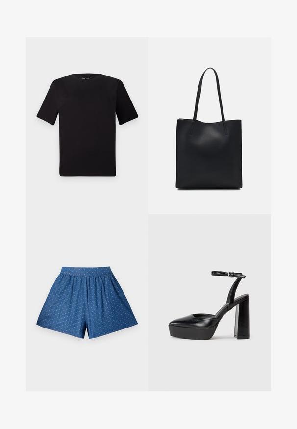 Crna majica kratkih rukava s okruglim izrezom, izrađena od mekane pamučne tkanine. Jednostavan dizajn, bez vidljivih logotipa ili uzoraka.; Plave traperice šortse s elastičnim pojasom i bijelim točkicama. Imaju opušteni kroj i dužinu do koljena. Glatka tekstura.; Crne platforme s potpeticom s oštrim vrhom i podešivom naramenicom. Izrađene od glatke kože, s masivnom blok petom.; Crna kožna torba za nošenje s glatkom teksturom, pravokutnim oblikom i dvije duge ručke. Nema vidljivih metalnih dijelova ili ukrasa.