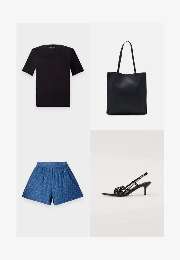 Black short-sleeve t-shirt with a round neckline, crafted from soft cotton fabric. Simple design, no visible logos or patterns.; Blue denim shorts with an elastic waistband and white pin-dot pattern. Features relaxed fit and knee-length cut. Smooth texture.; Black slingback high-heel shoe with a pointed toe, featuring multiple narrow straps and circular accents across the front.; Black leather tote bag with smooth texture, rectangular shape, and two long handles. No visible hardware or embellishments.