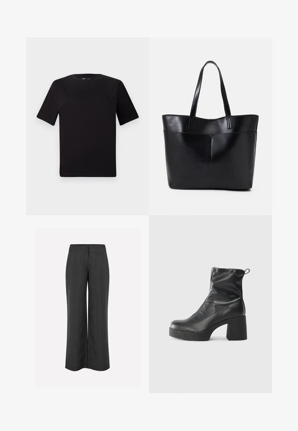 Must olema lühikeste varrukatega must t-särk ümmarguse kaelusega, valmistatud pehmest puuvillast kangast. Lihtne disain, ilma nähtavate logode või mustriteta.; Mustad laiad püksid valgete triipudega, millel on sile vöökoht ja mugav lõige, valmistatud kergest kangast.; Mustad mustad ansapüksid, mis on valmistatud siledast nahast, külje zipperiga, paksu tekstuuriga kontsaga ja ümmarguse nina disainiga.; Must mustaga musta nahast, millel on kaks pikka kanda, sile tekstuur ja struktureeritud kuju. Esipoolsel on lisakoti jaoks tasku.