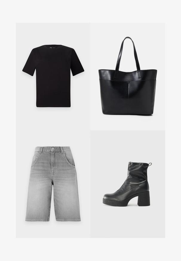 T-shirt preta de mangas curtas com decote redondo, feita de tecido de algodão suave. Design simples, sem logótipos ou padrões visíveis.; Shorts de denim cinza com um corte reto, apresentando um fecho de botão e zipper, dois bolsos frontais e uma textura desbotada.; Botas de tornozelo pretas feitas de couro liso, com fecho lateral, salto grosso texturizado e design de bico arredondado.; Bolsa tote preta em couro com duas alças longas, textura suave e forma estruturada. Apresenta um bolso frontal para armazenamento adicional.