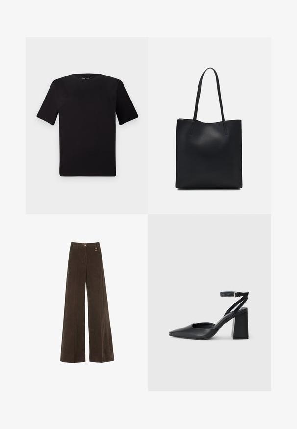 Fekete, rövid ujjú póló, kerek nyakkal, puha pamutból készült. Egyszerű dizájn, nincs látható logó vagy minta.; Barna, széles lábú kordbársony nadrág magas derékkal, arany gombbal és dekoratív gyűrű részlettel. Texturált, puha anyag függőleges csíkokkal.; Fekete bőr, hegyes orrú magassarkú cipő boka pánttal és vastag sarokkal. Sima textúra, elegáns dizájn és minimális esztétika.; Fekete bőrtáska sima felszínnel, téglalap alakú, két hosszú füllel. Nincs látható fémkiegészítő vagy díszítés.