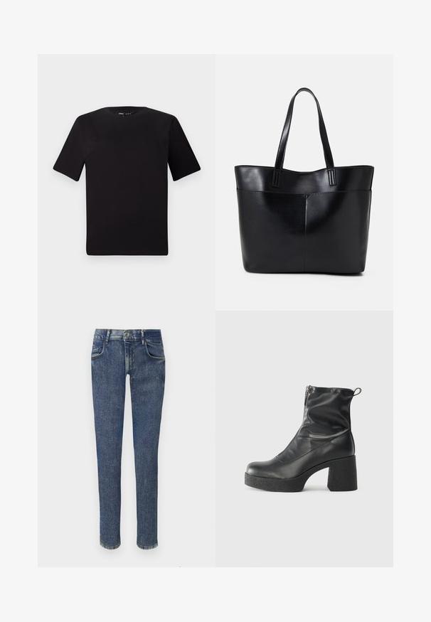 Melnas īsām piedurknēm T-krekls ar apaļu kakla izgriezumu, izgatavots no mīksta kokvilnas auduma. Vienkāršs dizains, bez redzamām logo vai rakstiem.; Izbalējuši zila denima džinsi ar šahtu piegriezumu, vidēji augstu jostasvietu, piecām kabatām un ar rāvējslēdzēju aizdari. Iezīmējas ar smalku nodilušanu un šuvju detaļām.; Melni potītes zābaki, kas izgatavoti no gludas ādas, ar sānu rāvējslēdzēju, masīvu strukturētu papēdi un noapaļotu purngalu.; Melnas ādas iepirkumu soma ar divām garām rokturām, gludu tekstūru un strukturētu formu. Iekļauj priekšējo kabatu papildu uzglabāšanai.