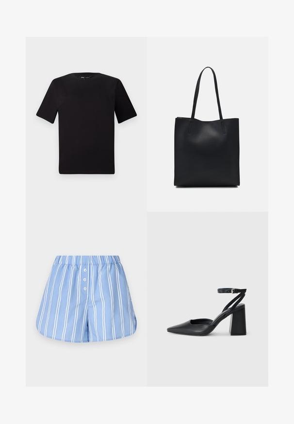 Must olema lühikeste varrukatega must t-särk ümmarguse kaelusega, valmistatud pehmest puuvillast kangast. Lihtne disain, ilma nähtavate logode või mustriteta.; Heledad sinine puuvillane lühike püks, millel on vertikaalsed valged triibud, erilise paelaga vööl ja kolm esi-nuppu.; Mustmustest must-käigukingad, millel on konksuga nöör ja paks konts. Ühtlane tekstuur, stiilne disain ja minimalistlik esteetika.; Mustast nahast kott sujuva tekstuuriga, ristkülikukujuline ja kahe pika sangaga. Pole nähtavat riistvara ega kaunistusi.