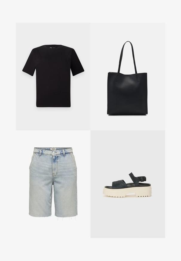 T-shirt noir à manches courtes avec un col rond, fabriqué en coton doux. Design simple, sans logos ni motifs visibles.; Shorts en denim délavé avec ourlet brut, présentant un design classique à cinq poches et une fermeture à bouton à l'avant.; Sandales plateforme en daim noir avec une semelle blanche épaisse, large bride frontale et boucle ajustable à la cheville. Semelle extérieure texturée pour une bonne adhérence.; Sac fourre-tout en cuir noir avec une texture lisse, de forme rectangulaire et deux longues poignées. Pas de matériel ou d'ornementations visibles.