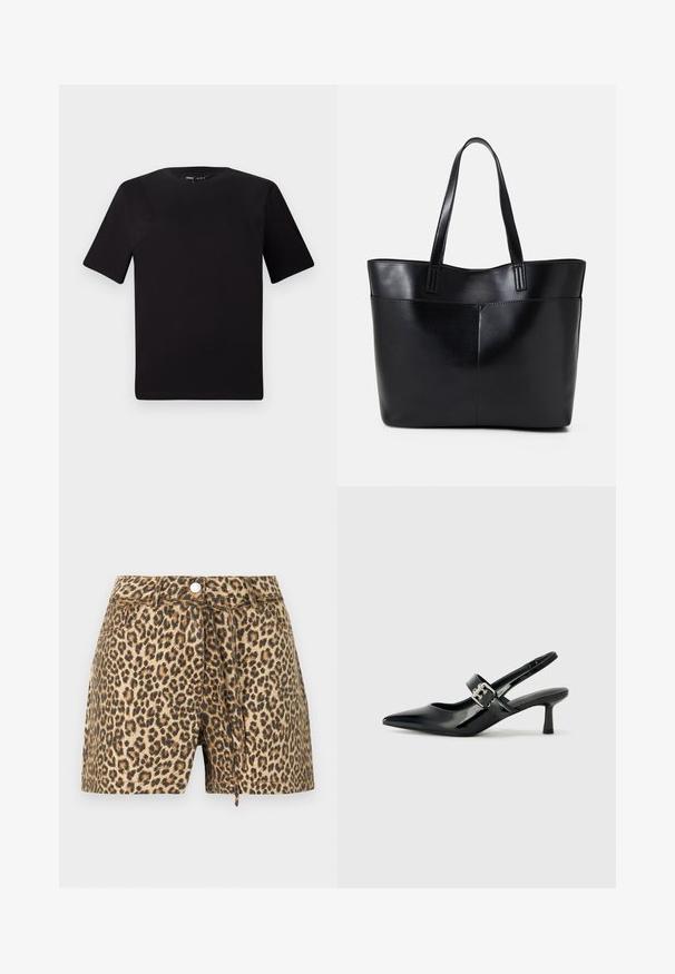 Crna majica kratkih rukava s okruglim izrezom, izrađena od mekane pamučne tkanine. Jednostavan dizajn, bez vidljivih logotipa ili uzoraka.; Šortsevi s printom leoparda u bež i smešnim nijansama, sa kopčanjem na dugme, petljama za pojas i opuštenim krojem.; Crne lakirane slingback potpetice s oštrim prstom i malom blok petom, s naglaskom na srebrnoj kopči na remenu.; Crna kožna torba s dugim ručkama, glatkom teksturom i strukturiranim oblikom. Ima prednju džep za dodatno pohranu.