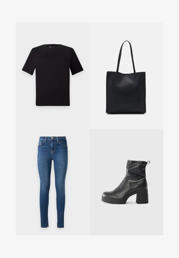 Crna majica kratkih rukava s okruglim izrezom, izrađena od mekane pamučne tkanine. Jednostavan dizajn, bez vidljivih logotipa ili uzoraka.; Uske uske imple u hošpici u tamnoplavom traperu s pet džepova, prednjim zatvaranjem na dugme i glatkom teksturom. Blago izbjeljivanje duž bedara i koljena.; Crne gležnjače od glatke kože, s bočnim zatvaračem, debelim teksturiranim potplatom i dizajnom s zaobljenim prstima.; Crna kožna torba za nošenje s glatkom teksturom, pravokutnim oblikom i dvije duge ručke. Nema vidljivih metalnih dijelova ili ukrasa.