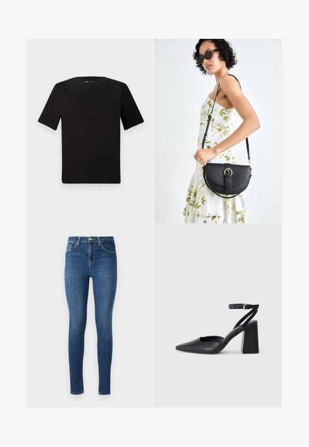 T-shirt preta de mangas curtas com decote redondo, feita de tecido de algodão suave. Design simples, sem logótipos ou padrões visíveis.; Calças jeans justas em denim azul escuro com cinco bolsos, fecho frontal por botão e uma textura suave. Ligeira descoloração nas coxas e joelhos.; Sandal com biqueira afilada em couro preto, com cinta no tornozelo e salto grosso. Textura lisa, design elegante e estética minimalista.; Bolsa de couro preta com forma curva, alça destacável e detalhes em dourado. A bolsa possui uma aba com detalhe de fivela.